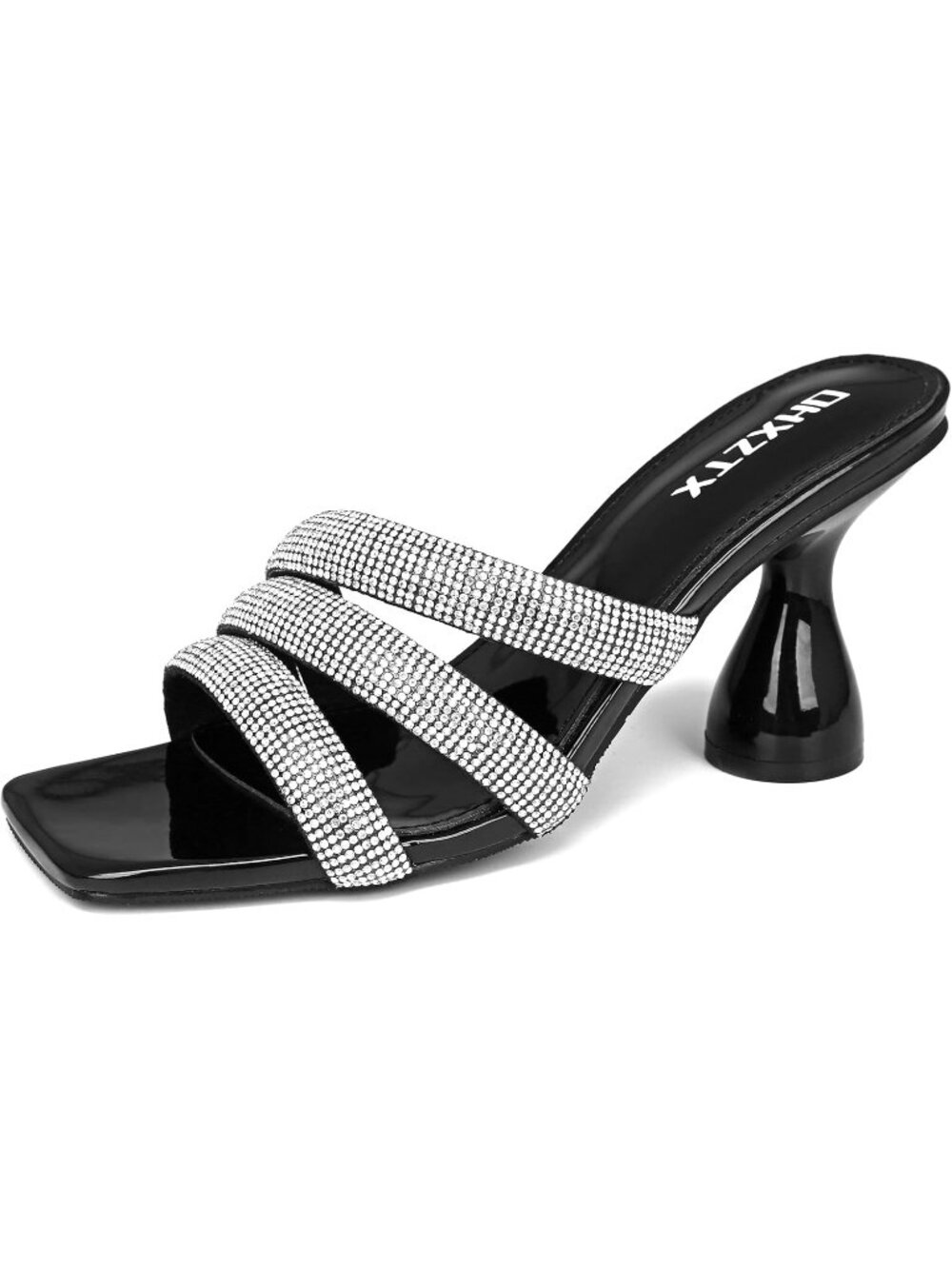 Women's Black Rhinestone Square Toe Backless 3.15 IN Chunky High Heel Sandals
